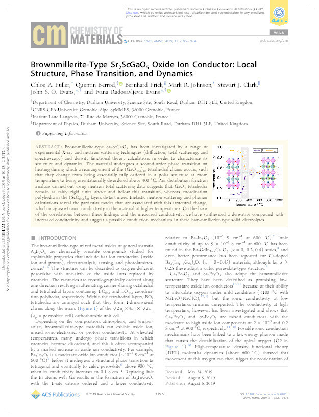Brownmillerite-type Sr2ScGaO5 Oxide Ion Conductor: Local Structure, Phase Transition and Dynamics Thumbnail