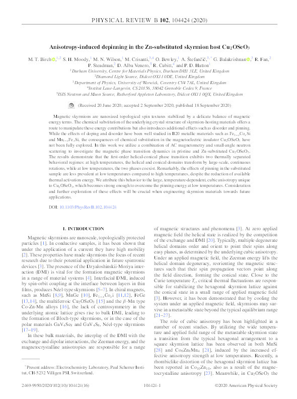 Anisotropy-induced depinning in the Zn-substituted skyrmion host Cu2OSeO3 Thumbnail