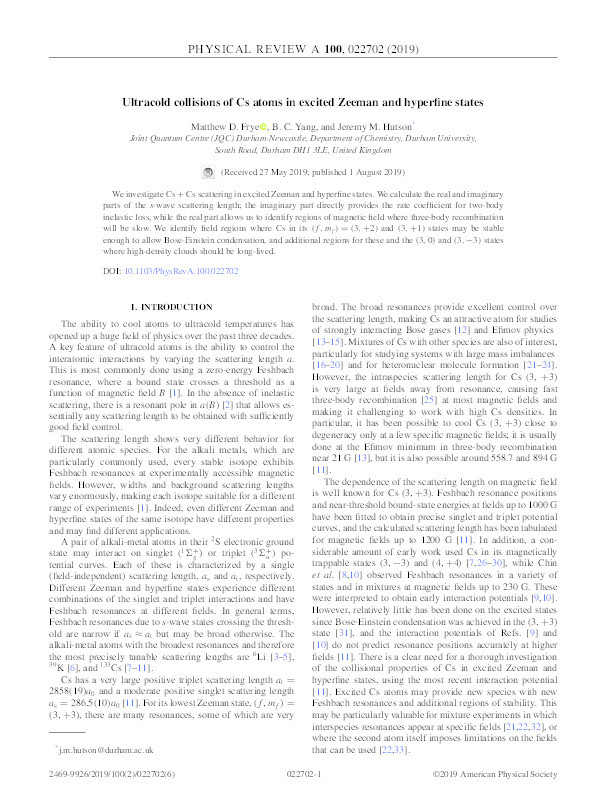 Ultracold collisions of Cs atoms in excited Zeeman and hyperfine states Thumbnail