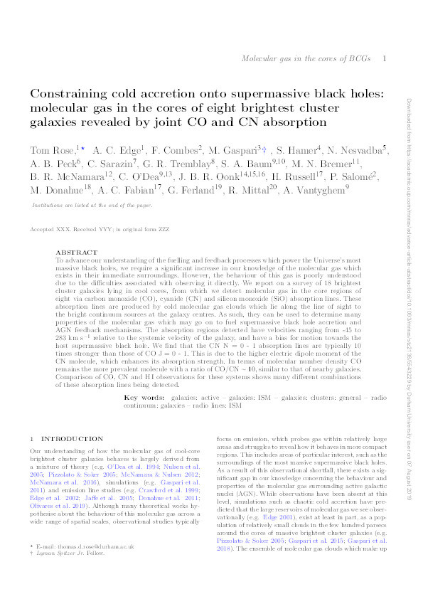 Constraining cold accretion onto supermassive black holes: molecular gas in the cores of eight brightest cluster galaxies revealed by joint CO and CN absorption Thumbnail