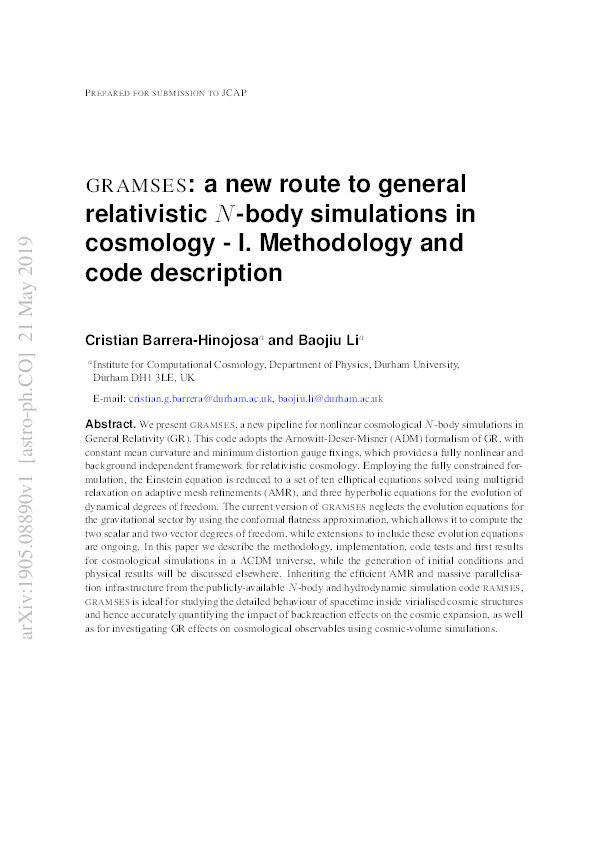GRAMSES: a new route to general relativistic N-body simulations in cosmology. Part I. Methodology and code description Thumbnail