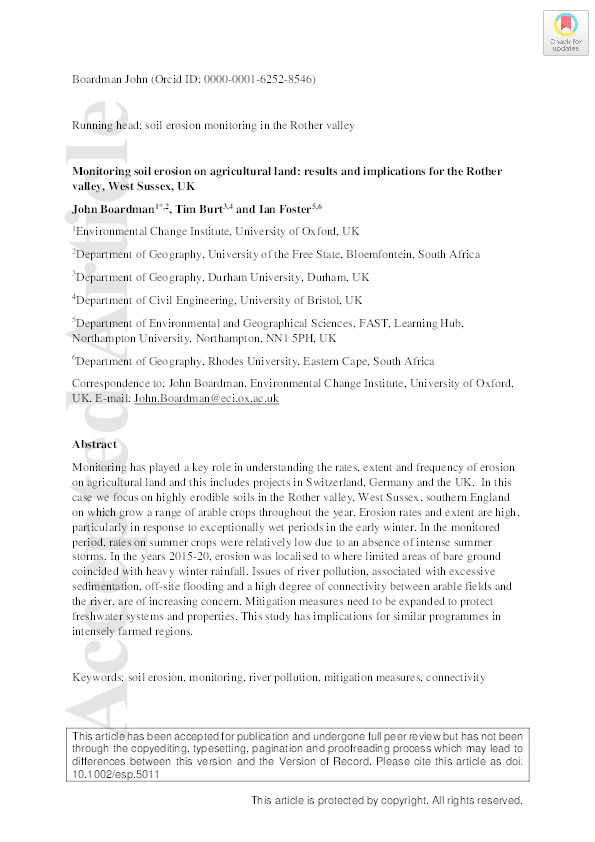 Monitoring soil erosion on agricultural land: results and implications for the Rother valley, West Sussex, UK Thumbnail