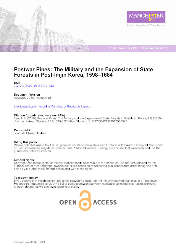 Postwar Pines: The Military and the Expansion of State Forests in Post-Imjin Korea, 1598–1684 Thumbnail