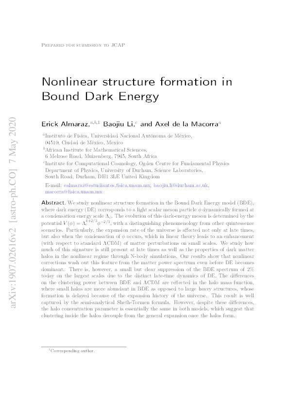 Nonlinear structure formation in Bound Dark Energy Thumbnail