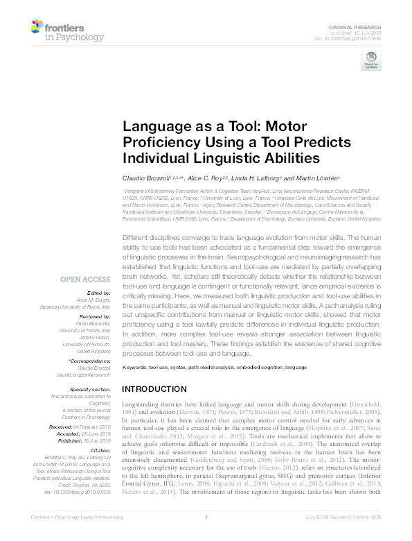 Language as a Tool: Motor Proficiency Using a Tool Predicts Individual Linguistic Abilities Thumbnail