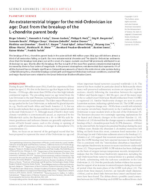 An extraterrestrial trigger for the mid-Ordovician ice age: Dust from the breakup of the L-chondrite parent body Thumbnail