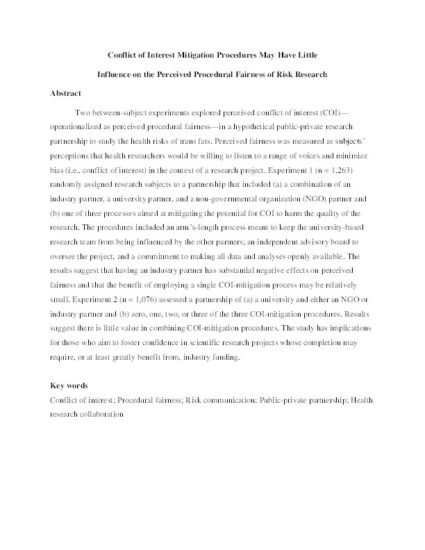 Conflict of Interest Mitigation Procedures May Have Little Influence on the Perceived Procedural Fairness of Risk-Related Research Thumbnail