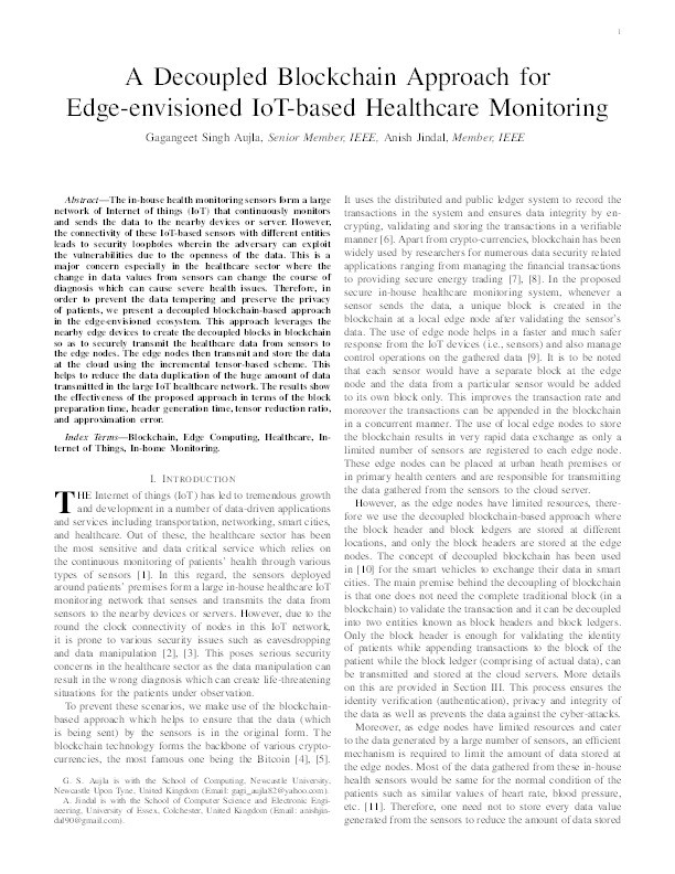 A Decoupled Blockchain Approach for Edge-envisioned IoT-based Healthcare Monitoring Thumbnail
