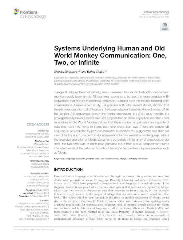 Systems Underlying Human and Old World Monkey Communication: One, Two, or Infinite Thumbnail