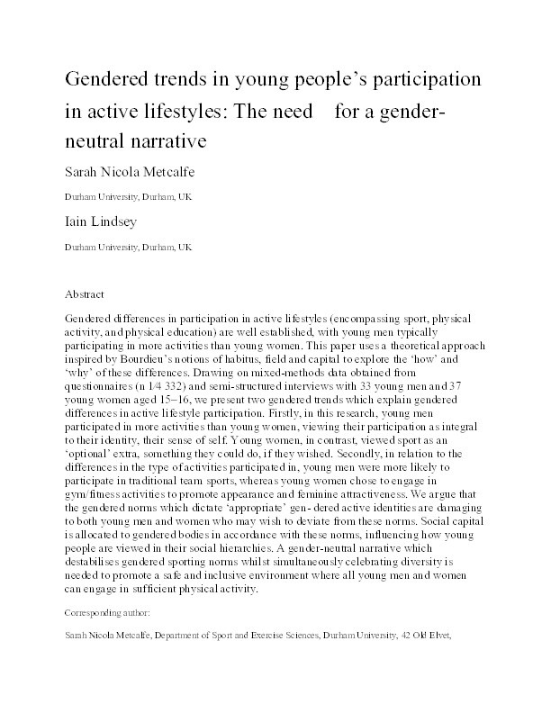 Gendered trends in young people’s participation in active lifestyles: The need for a gender-neutral narrative Thumbnail