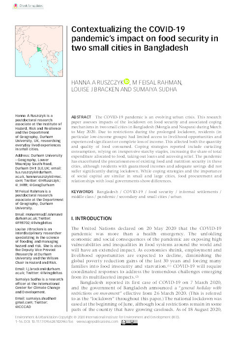 Contextualizing the COVID-19 pandemic’s impact on food security in two small cities in Bangladesh Thumbnail