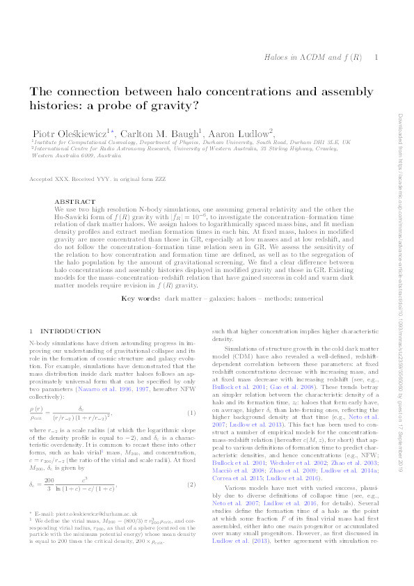 The connection between halo concentrations and assembly histories: a probe of gravity? Thumbnail