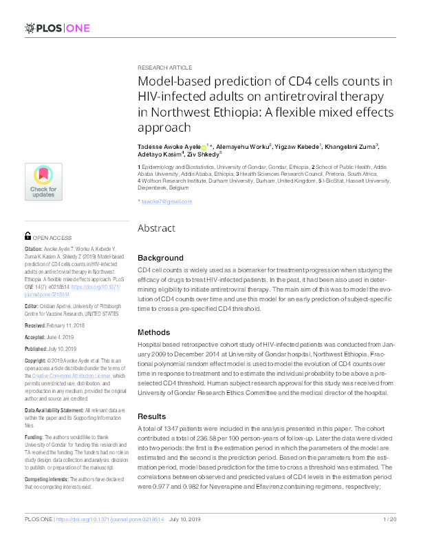 Model-based prediction of CD4 cells counts in HIV-infected adults on antiretroviral therapy in Northwest Ethiopia: A flexible mixed effects approach Thumbnail