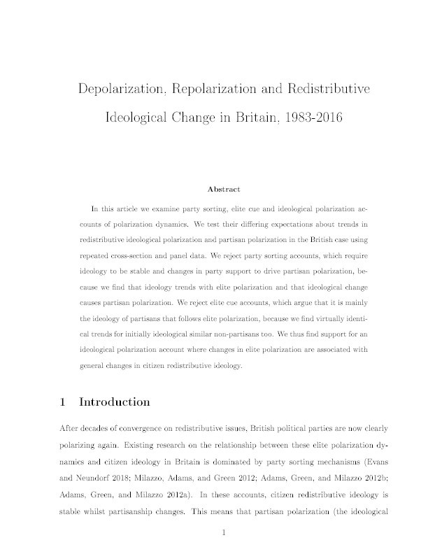 Depolarization, Repolarization and Redistributive Ideological Change in Britain, 1983-2016 Thumbnail