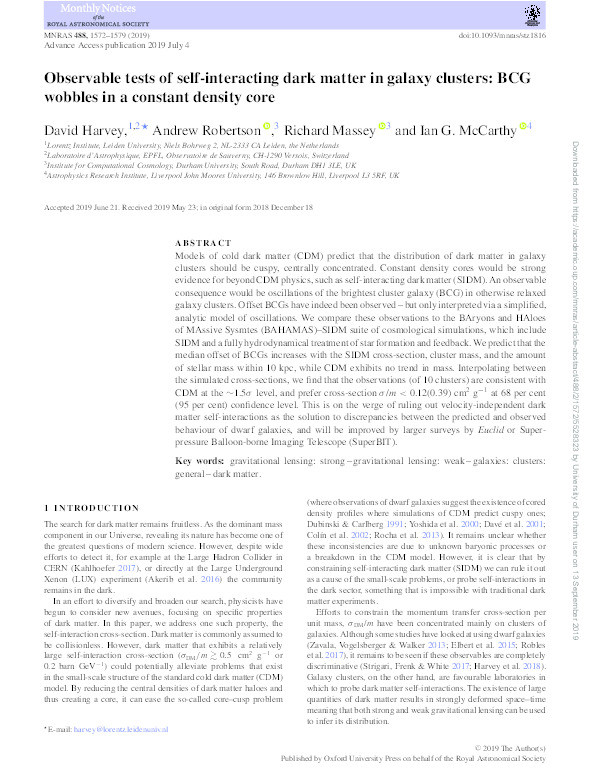 Observable tests of self-interacting dark matter in galaxy clusters: BCG wobbles in a constant density core Thumbnail