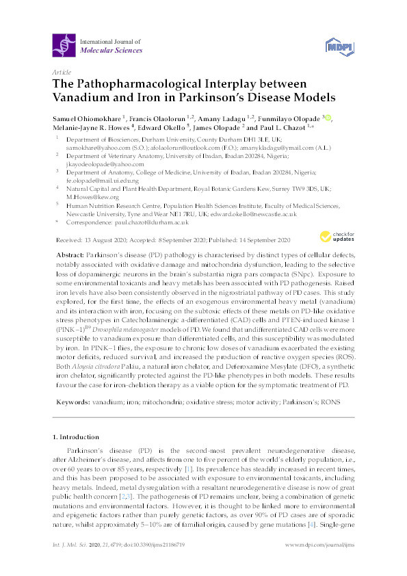 The Pathopharmacological Interplay between Vanadium and Iron in Parkinson’s Disease Models Thumbnail