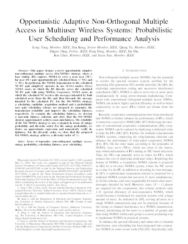 Opportunistic Adaptive Non-Orthogonal Multiple Access in Multiuser Wireless Systems: Probabilistic User Scheduling and Performance Analysis Thumbnail