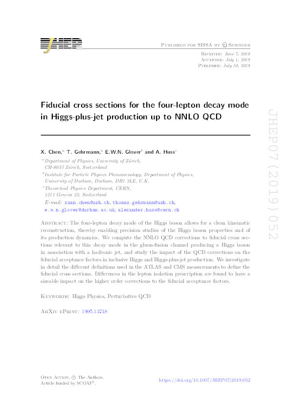 Fiducial cross sections for the four-lepton decay mode in Higgs-plus-jet production up to NNLO QCD Thumbnail