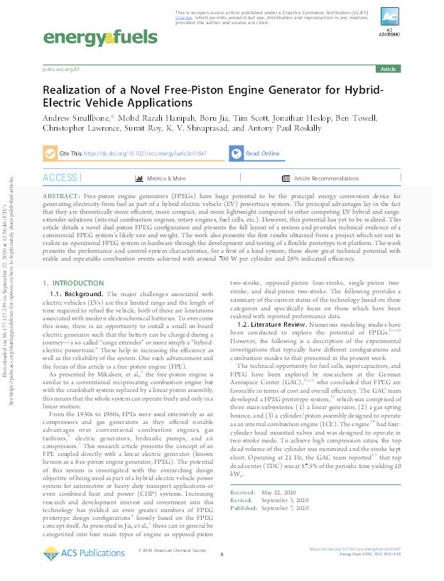 Realization of a novel free-piston engine generator for hybrid electric-vehicle applications Thumbnail