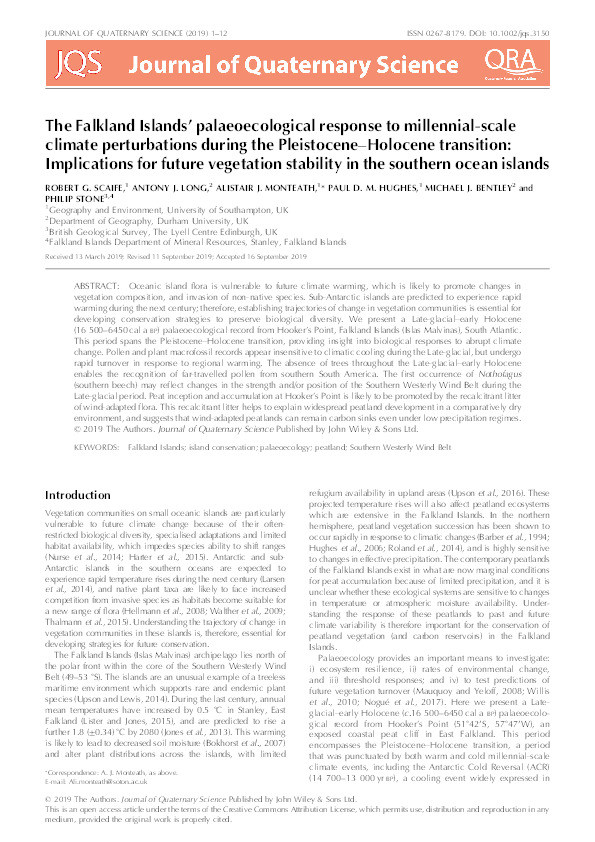 The Falkland Islands palaeoecological response to millennial scale climate perturbations during the Pleistocene-Holocene transition: implications for future vegetation stability in Southern Ocean islands Thumbnail