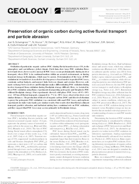 Preservation of organic carbon during active fluvial transport and particle abrasion Thumbnail