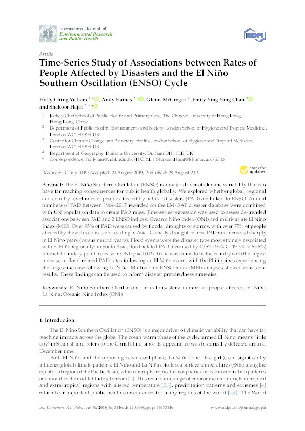 Time-Series Study of Associations between Rates of People Affected by Disasters and the El Niño Southern Oscillation (ENSO) Cycle Thumbnail