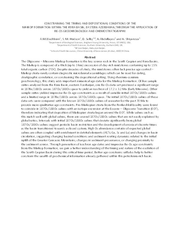 Constraining the timing and depositional conditions of the maikop formation within the Kura Basin, Eastern Azerbaijan, through the application of re‐os geochronology and chemostratigraphy Thumbnail