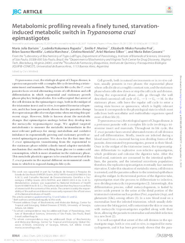 Metabolomic profiling reveals a finely tuned, starvation-induced metabolic switch in Trypanosoma cruziepimastigotes Thumbnail