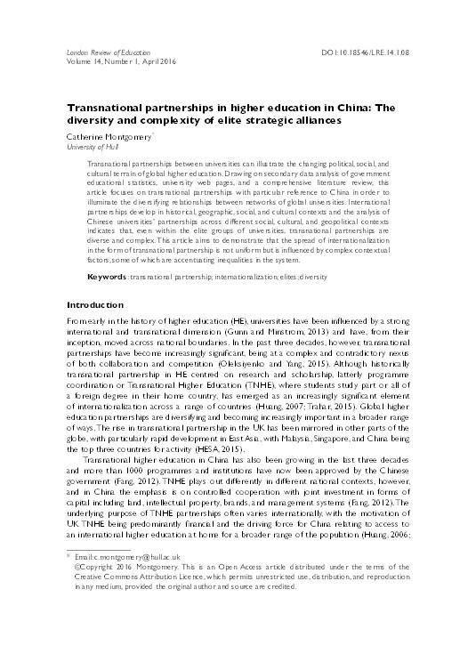 Transnational partnerships in Higher Education in China: the diversity and complexity of elite strategic alliances Thumbnail