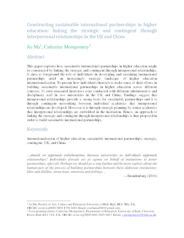 Constructing sustainable international partnerships in Higher Education: Linking the strategic and contingent through interpersonal relationships in the UK and China Thumbnail