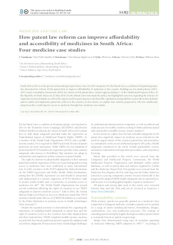 How patent law reform can improve affordability and accessibility of medicines in South Africa: Four medicine case studies Thumbnail