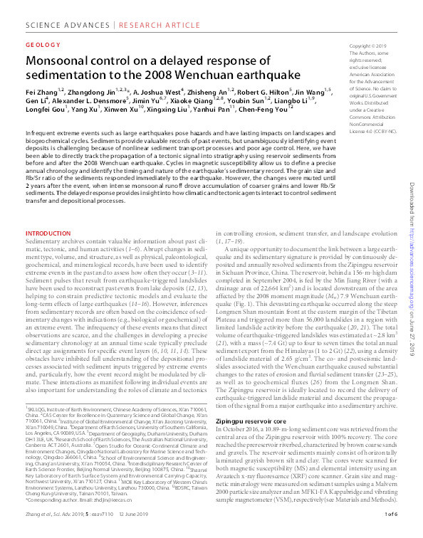 Monsoonal control on a delayed response of sedimentation to the 2008 Wenchuan earthquake Thumbnail