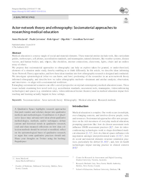 Actor-network theory and ethnography: Sociomaterial approaches to researching medical education Thumbnail