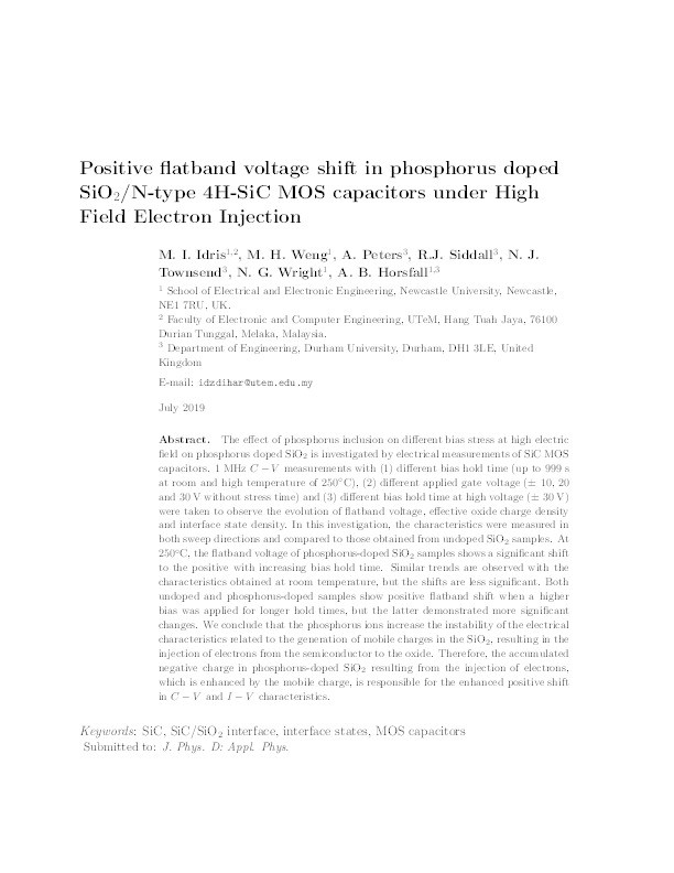 Positive flatband voltage shift in phosphorus doped SiO₂/N-type 4H-SiC MOS capacitors under high field electron injection Thumbnail