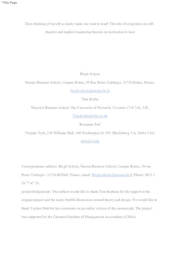 Does thinking of myself as leader make me want to lead? The role of congruence in self-theories and implicit leadership theories in motivation to lead Thumbnail