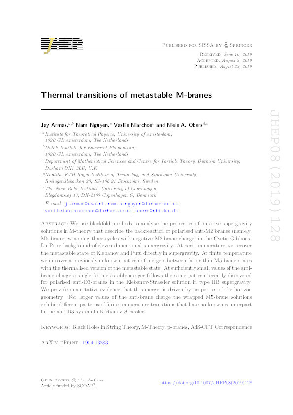 Thermal transitions of metastable M-branes Thumbnail
