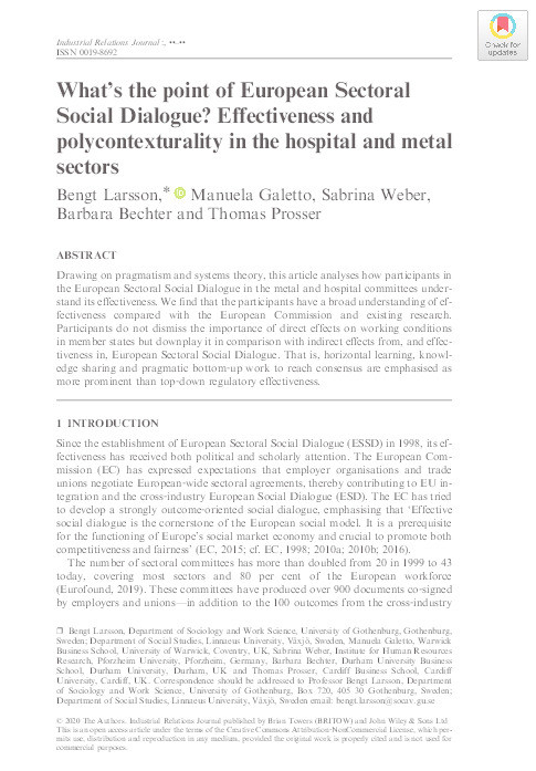 What's the point of European Sectoral Social Dialogue? Effectiveness and polycontexturality in the hospital and metal sectors Thumbnail