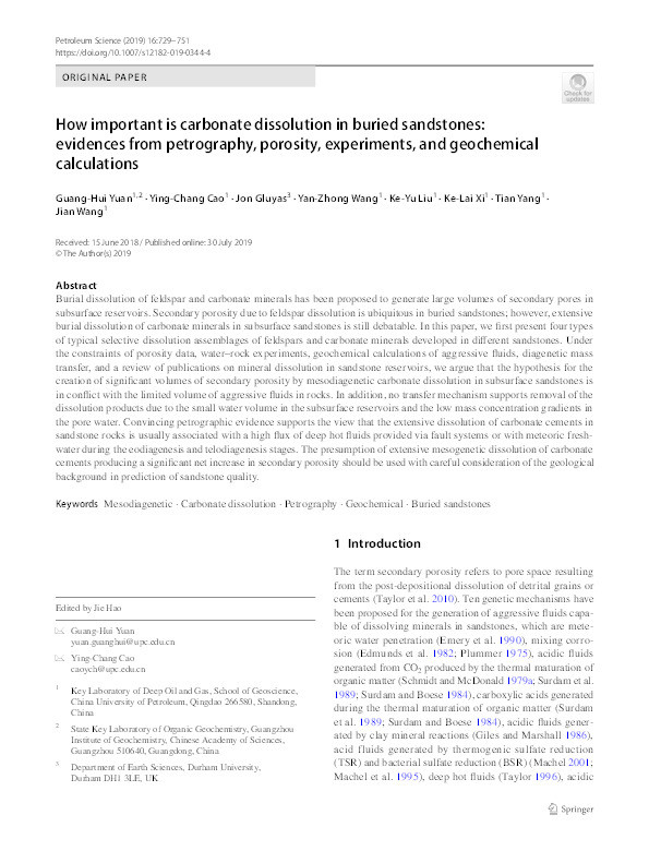 How important is carbonate dissolution in buried sandstones: evidences from petrography, porosity, experiments, and geochemical calculations Thumbnail