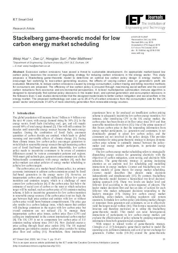 Stackelberg Game-theoretic Model for Low Carbon Energy Market Scheduling Thumbnail
