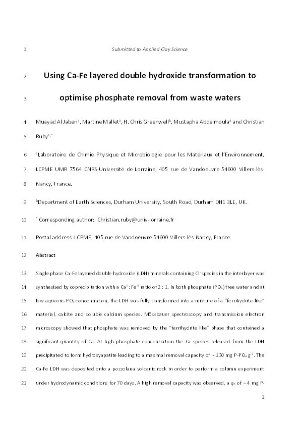 Using Ca-Fe layered double hydroxide transformation to optimise phosphate removal from waste waters Thumbnail