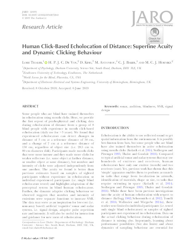 Human Click-Based Echolocation of Distance: Superfine Acuity and Dynamic Clicking Behaviour Thumbnail