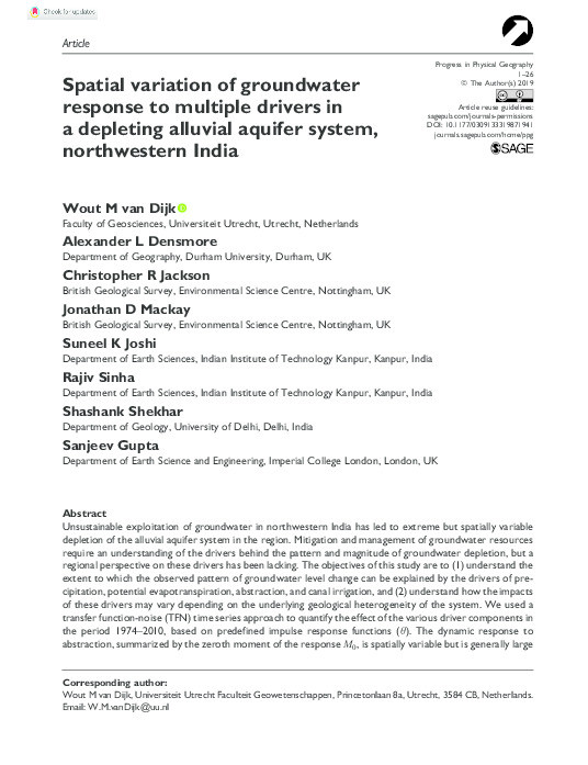 Spatial variation of groundwater response to multiple drivers in a depleting alluvial aquifer system, northwestern India Thumbnail