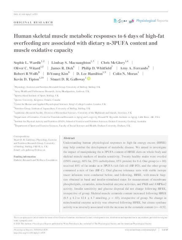 Human skeletal muscle metabolic responses to 6 days of high‐fat overfeeding are associated with dietary n‐3PUFA content and muscle oxidative capacity Thumbnail