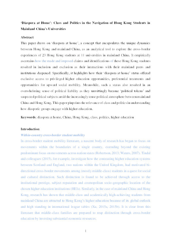 ‘Diaspora at home’: class and politics in the navigation of Hong Kong students in Mainland China’s Universities Thumbnail