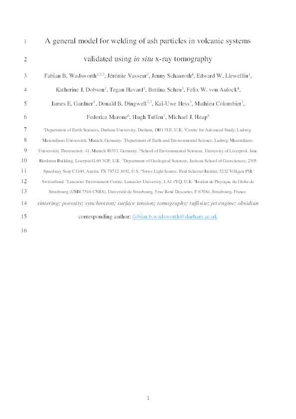 A general model for welding of ash particles in volcanic systems validated using in situ X-ray tomography Thumbnail