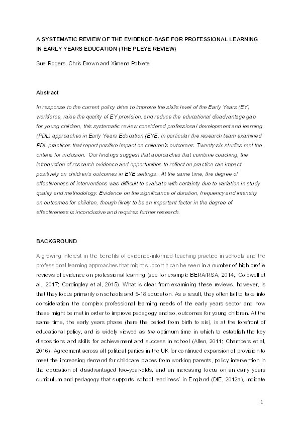 A systematic review of the evidence base for professional learning in early years education: the PLEYE Review Thumbnail