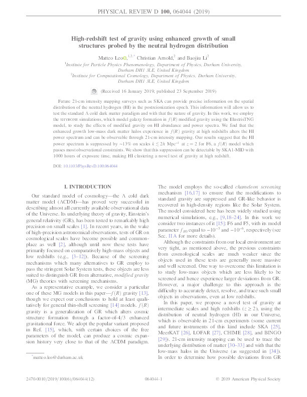 A high-redshift test of gravity using enhanced growth of small structures probed by the neutral hydrogen distribution Thumbnail