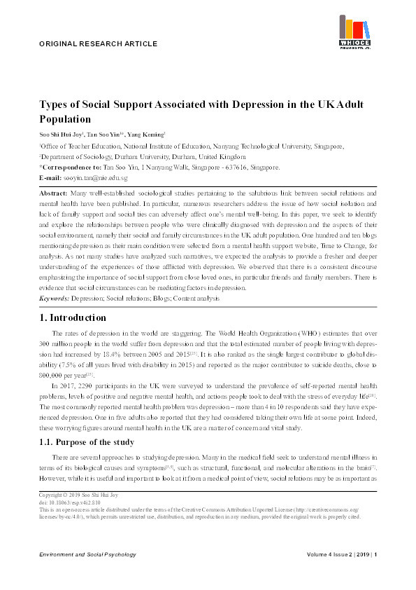 Types of Social Support Associated with Depression in the UK Adult Population Thumbnail