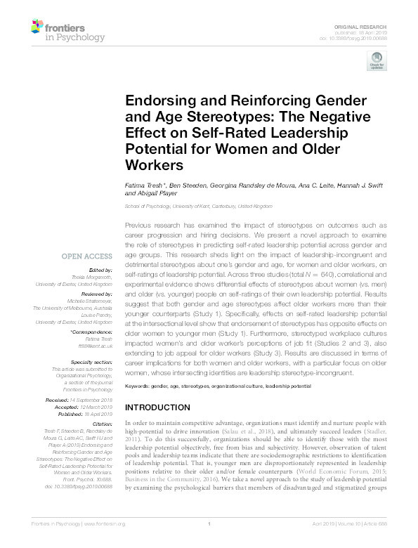 Endorsing and Reinforcing Gender and Age Stereotypes: The Negative Effect on Self-Rated Leadership Potential for Women and Older Workers Thumbnail