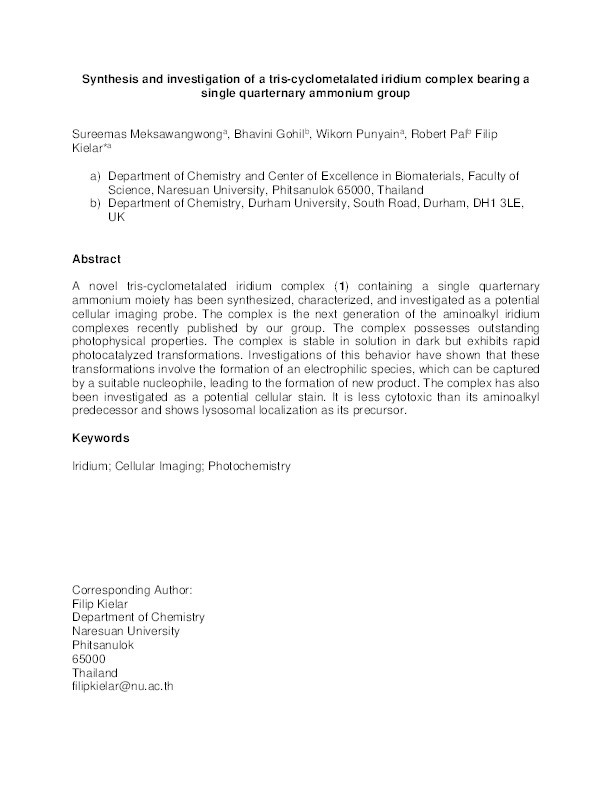 Synthesis and investigation of a tris-cyclometalated iridium complex bearing a single quarternary ammonium group Thumbnail